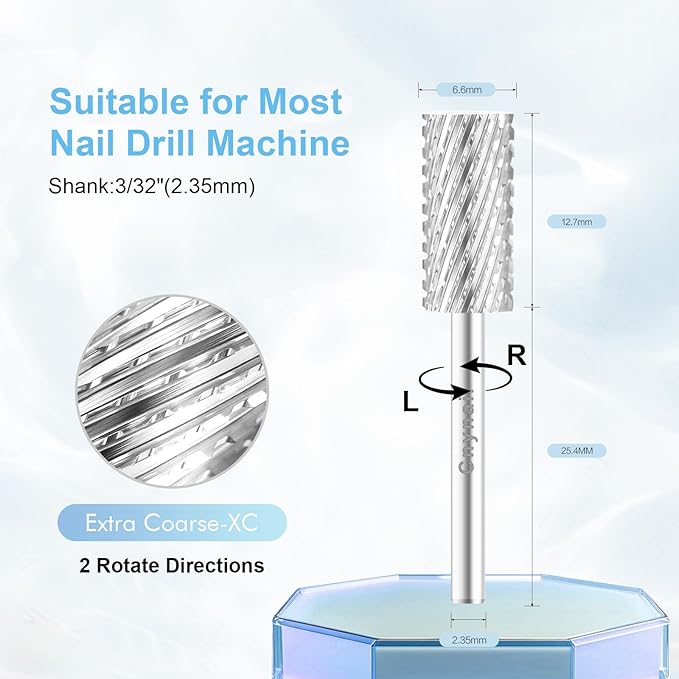 3/32" Large Barrel Bit Tungsten Carbide Nail Drill Bit Safety Bit for Gel & Acrylic Removal, 2- Way Rotating Efile Tip, Salon Electric File Accessory (XC Girt, Silver)