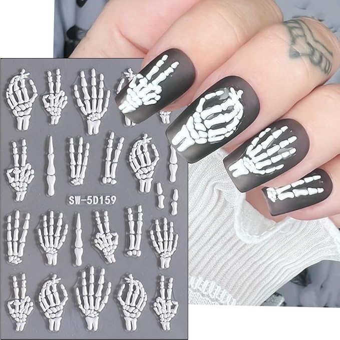 3Pcs 5D Embossed Halloween Nail Stickers Self Adhesive Hand Bone Rose Flower Nail Decals Scary Pink Skeleton Nail Art Stickers Gold White Claw Skull Nails Design Halloween Sticker for Women Manicure