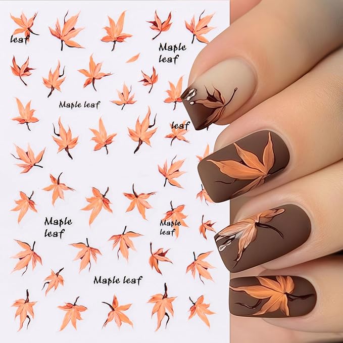 8 Sheets Fall Nail Art Stickers Autumn Maple Leaf Pumpkin Nail Sticker 3D Self-Adhesive Nail Decals Gold Glitter Plaid Pumpkin Nail Designs Thanksgiving Holiday DIY Manicure Decor Sticker for Women