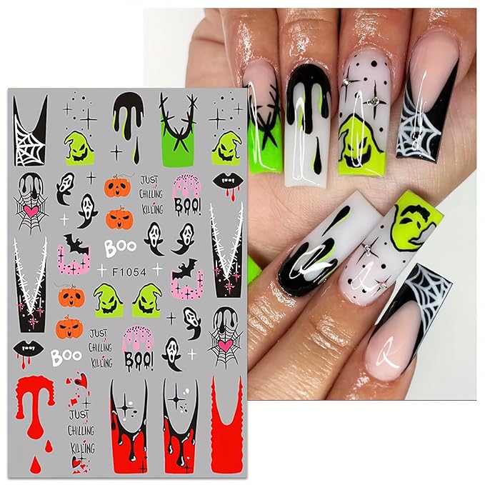 5 Sheets Halloween Nail Art Stickers 3D Self-Adhesive DIY Nail Decal with Cute Ghost Pumpkins Skull Spider Web Design Nail Art Stickers Decal for Women Girls Halloween Nails Decoration Accessories