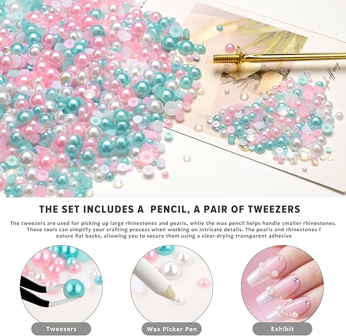 80g Mix Flatback Pearls and Rhinestones for Crafts Pink Blue White Mixed Size 2mm-10mm Half Round Pearls Rhinestones for Nail Art Tumblers Shoes DIY Bedazzling with Tweezers Wax Pen