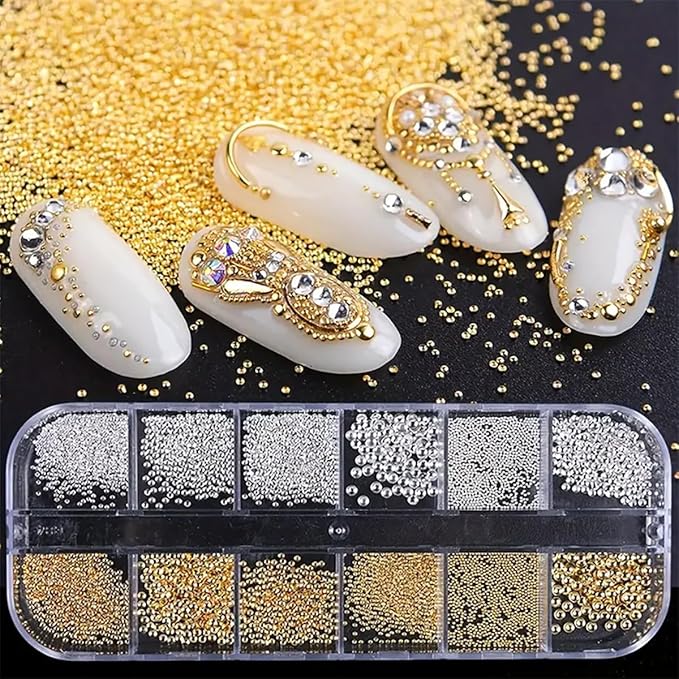 0.8mm Caviar Beads for Nails 6 Sizes Mini Small Stainless Steel Nails Art Decorations Gun Grey Beads DIY Tool Flatback Studs Accessories Gold Charms for Nails Small Gems Variety Pack (Copper)