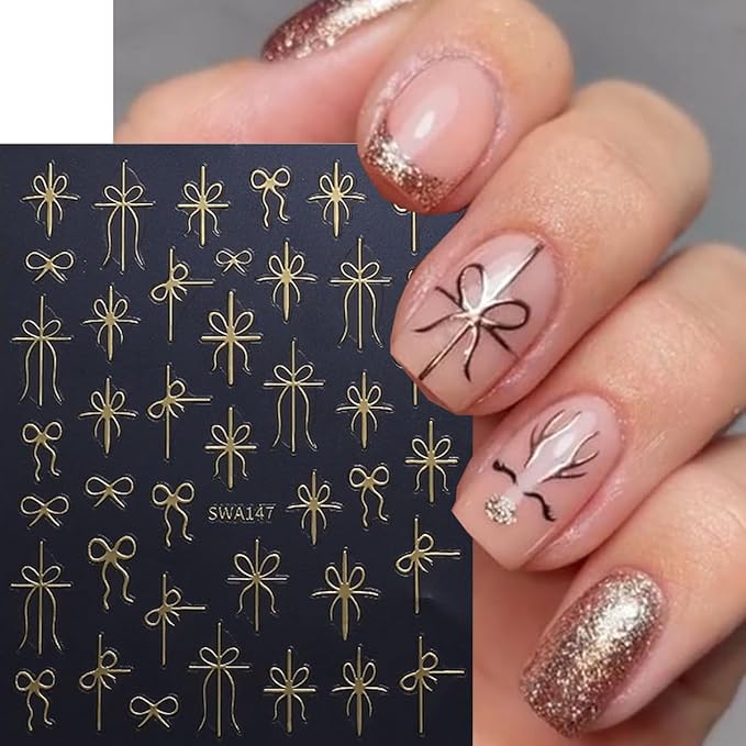 Christmas Nail Art Stickers Bow Nail Decals 3D Self Adhesive Nail Stickers for Nail Art Mixed Shaped Green Red Gold Design Cute Nail Sticker for Women DIY Holiday Manicure Supplies 6 Sheets