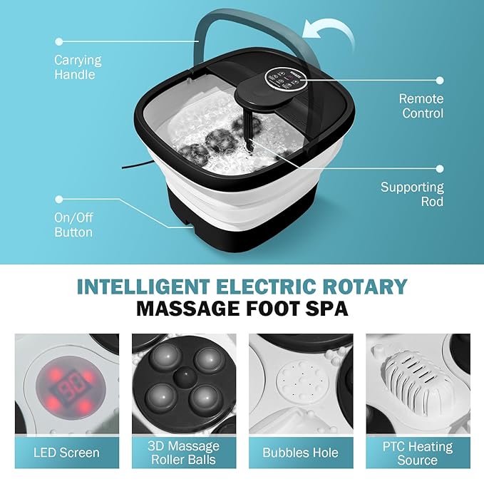 KNQZE Collapsible Foot Spa Electric Foot Bath with Heat, Bubble, Remote, 24 Motorized Shiatsu Massage Balls. Pedicure Soaking tub for Feet Stress Relax (Black)
