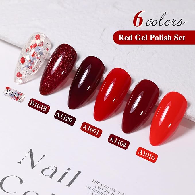 Double Rhythm Gel Nail Polish Set of 6 Colors Baby Light Pastel Milky Nail Polish Starter Kit Art DIY Salon Home (Red Glitter Dark Neon Red Maroon Burgundy,Kit 15)