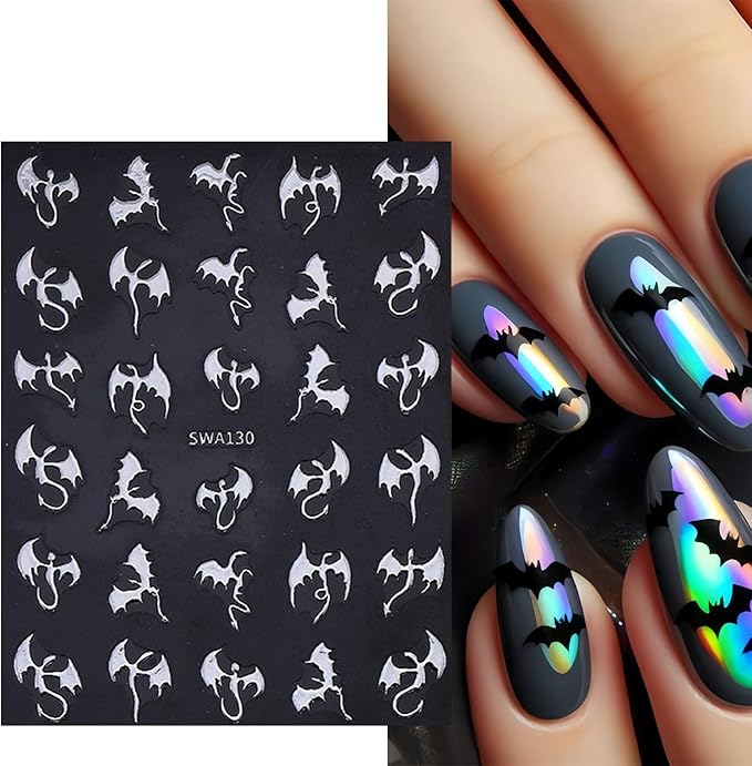 6 Sheets Halloween Nail Art Stickers 3D Self -Adhesive Bat Nail Decals Holographic Hot Stamping Gold Silver Laser Bat Nail Stickers Halloween Nail Decoration for Women Manicure Supplies