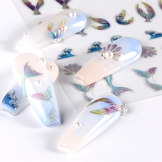 3 Sheets Summer Nail Art Stickers Ocean Style 5D Embossed Fantasy Mermaid Tail Ocean Wave Fishtail Shell Starfish Design Stickers Suitable for Women and Girls Nail Art Decoration