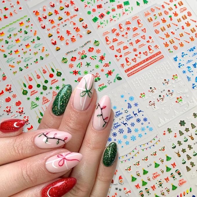 30PCS Christmas Nail Art Stickers Decals 3D Self-Adhesive Xmas Nail Decals Nail Art Supplies Xmas Tree Santa Claus Elk Cartoon Christmas Nails Design Adhesive Stickers for Women DIY Nail Decorations