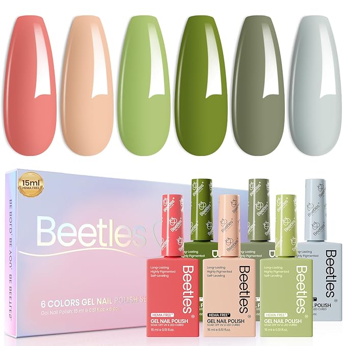 Beetles Gel Nail Polish Set Hema Free - 6 Colors Green Nude Natrual Pink Gel Polish Kit Soak Off Uv LED Nail Lamp 15ml DIY Home Manicure Salon Lakeside Serenity Gift for Women Girls