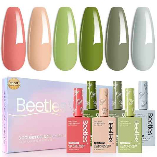 Beetles Gel Nail Polish Set Hema Free - 6 Colors Green Nude Natrual Pink Gel Polish Kit Soak Off Uv LED Nail Lamp 15ml DIY Home Manicure Salon Lakeside Serenity Gift for Women Girls
