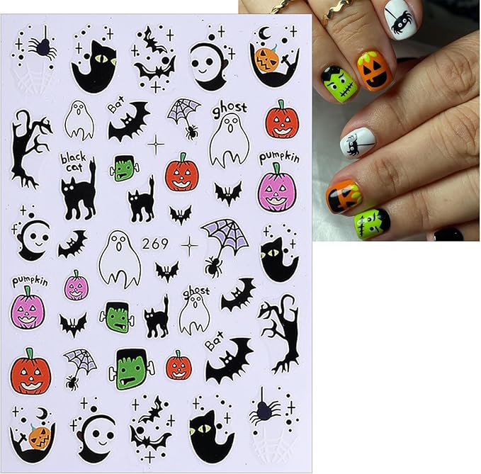 5 Pcs Halloween Nail Art Stickers,Pumpkin Spider Webs and Cute Ghost Designs 3D Self-Adhesive Nail Decals Skull Bat Halloween Nail Decorations DIY Manicure Supplies for Women Girls