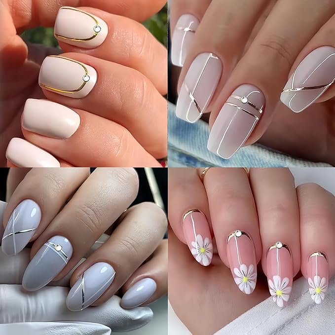 French Tip Nail Stickers for Nail Art, 3D Self-Adhesive Gold Silver French Tip Line with Crystal Diamond Nail Art Design Decals French Nail Sticker for Acrylic Manicure DIY Nail Art Accessories
