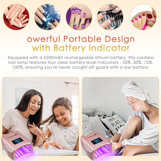Cordless UV LED Nail Lamp 80W 52LEDs Gel Nail Polish Dryer Quick Drying Fingernail Toenail Curing Lamp 4 Timer Settings with Auto Sensor Digital Display Screen Nail Art Salon Tool