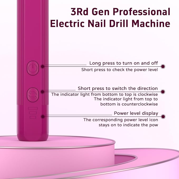 Professional Nail Drill Set, 2,0000 RPM Electric Nail File with 12 Grinding Head & 100Pcs Sanding Bands for Acrylic Gel Nails, Manicure and Polishing (Wine Red)
