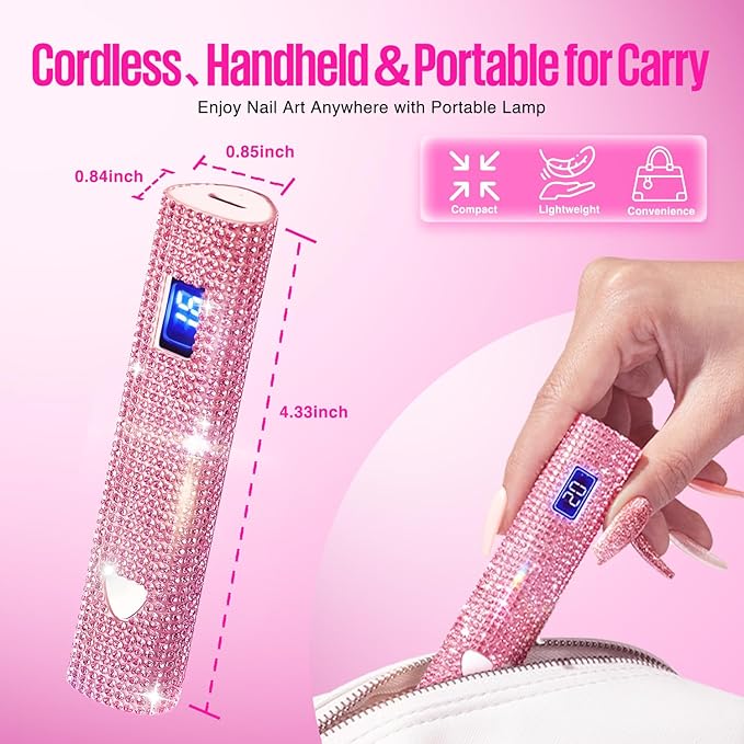 MEFA UV Light for Gel Nails, Pink Glitter Handheld Nail Lamp Visible LED Timer Touch Screen, Cordless Nail Light for Gel Nail Polish Stickers Strips, Gifts for Women