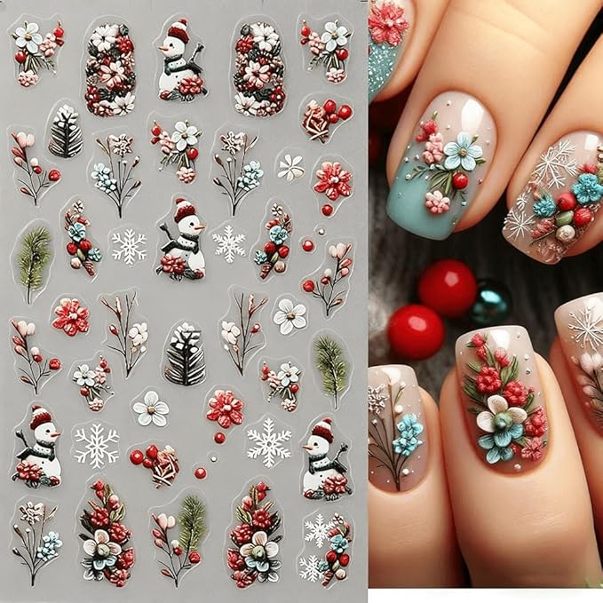 4Pcs Christmas Nail Stickers Red Bow Christmas Tree Leaf Nail Decals DIY Self Adhesive Snowflake Flower Group Cute Snowman Design Nail Decoration Supplies Holiday Manicure Accessories for Women