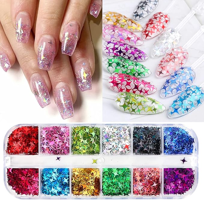 12 Colors Star Nail Art Stickers Glitter Four-Pointed Star Flakes Nail Art Sequins Paillette Confetti Holographic Laser Shining Gel Colorful Nails Decoration DIY Acrylic Nail Supplies Manicure Tips