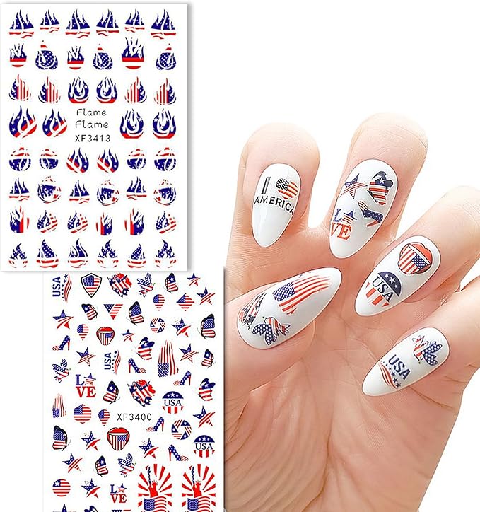 Patriotic 4th of July Nail Art Decals - 8 Sheets 3D Self-Adhesive Nail Stickers for Women