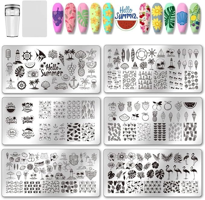PH PandaHall Summer Nail Stamping Plate Kit, 6pcs Ocean Beach Templates Nail Art Stencils Stainless Steel Image Plates with Silicone Nail Stamper Scraper Tool for Women Manicures Salon Design