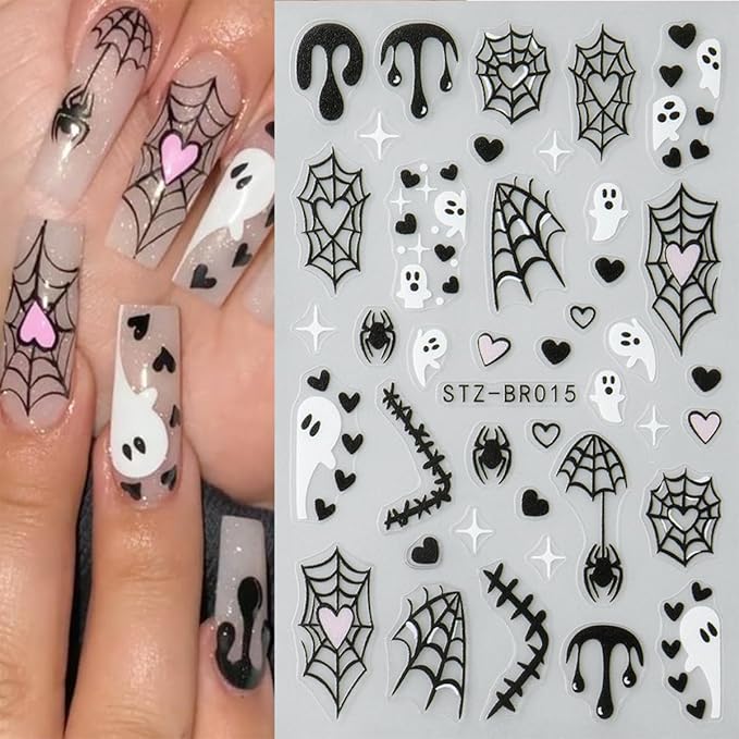 6Pcs Halloween Nail Stickers for Nail Art, Bat Spiders Nail Art Stickers Spider Web Black Rose Skull Ghost Nails Design Decals Halloween Nail Supplies for Women DIY Manicure Decoration Accessories