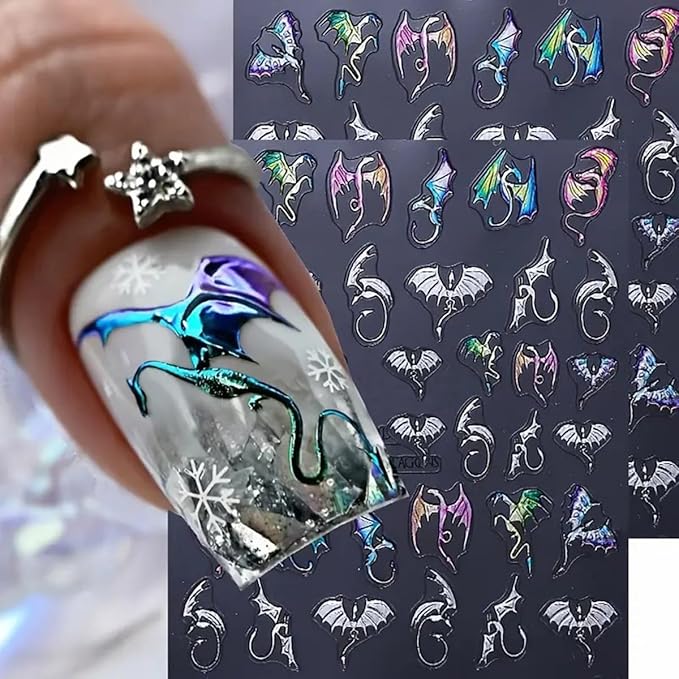 5D Embossed Dragon Nail Art Stickers 2PCS Silvery Flying Devil Bat Halloween Nail Decals Nail Art Supplies Sweet& Cool Flying Dragon Self-Adhesive Nail Stickers for Women DIY Nail Salon Decoration