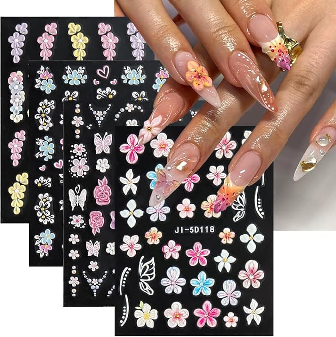 5D Embossed Flowers Nail Stickers, 4 Sheets Self-Adhesive Colorful Summer Floral Nail Decals Hibiscus Rose Butterfly Nail Art Design Manicure Decoration Accessories for Women Girls