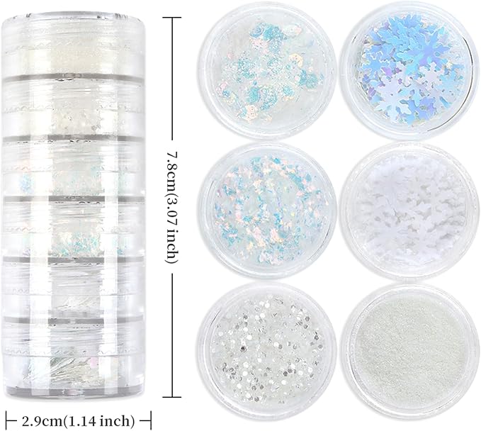 Snowflake Nail Art Glitter White Blue Winter Nail Sequins Flakes, White Manicure fine Glitter Powder, 3D Holographic Round Hexagon Nail Stickers Decals Supplies Nail Charms for Women 6 Box