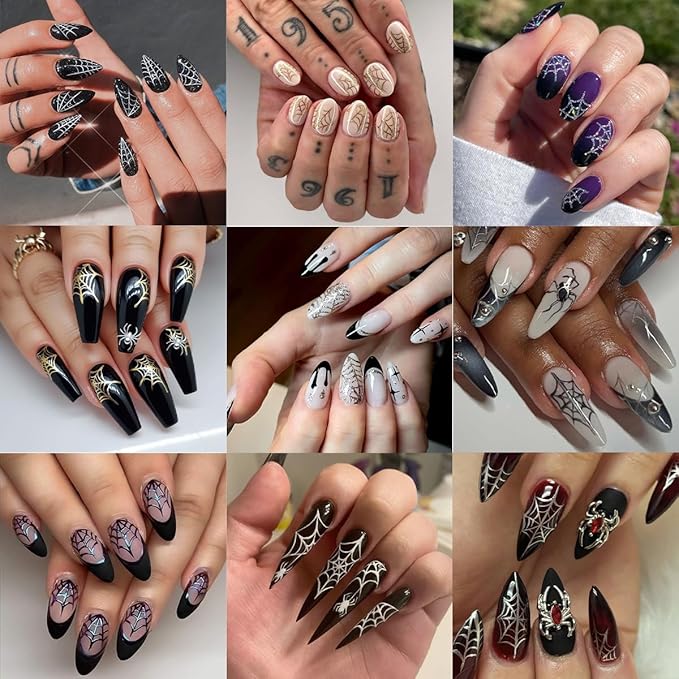 5 Sheets Halloween Nail Art Stickers Decals 3D Self-Adhesive Spider Web Nail Decals Black White Gold Silver Laser Spider Web Nails Stickers Gothic Nails Supplies for Women Halloween Party Nails Decor