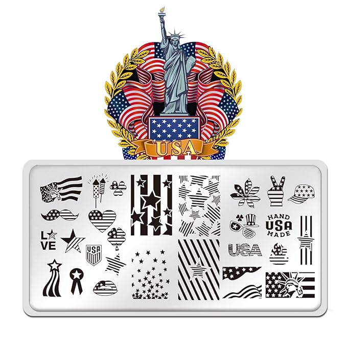 4th of July Nail Art Stamping Plates American Flag Designs Nail Stamp Templates DIY Stainless Steel Star Nail Image Polish Template Manicure Accessories for Women and Girls