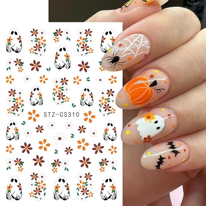6 Sheets Ghost Nail Stickers for Nail Art, Halloween Nail Decals 3D Self-Adhesive Flower and Spooky Ghost Fall Stickers Design French Tip Nails Sticker Halloween DIY Manicure Decoration for Women