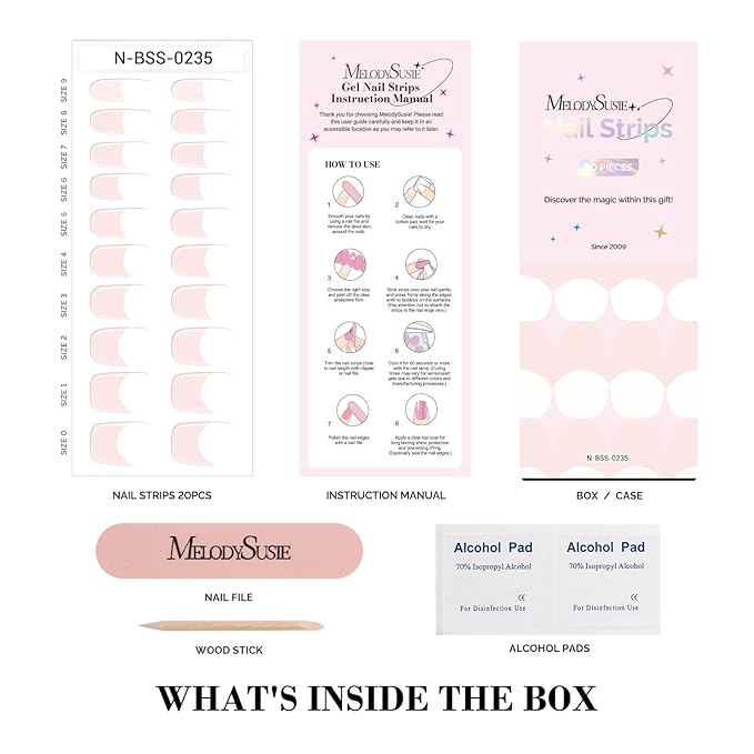 MelodySusie Semi Cured Gel Nail Strips (Pink French Tips), Works with Nail lamp, Salon Quality, Long Lasting, Easy to Apply abd Remove, Includes 20Pcs, 2 Prep Pads, Nail File and Wooden Stick