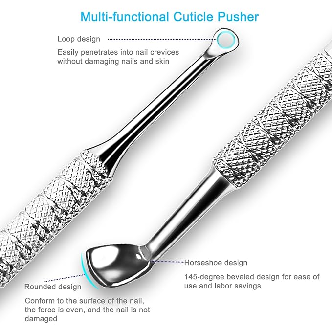 Cuticle Pusher Tool, 2PCS Professional Nail Cuticle Remover Trimmer Cutter Fork Kit, Premium Stainless Steel Durable Manicure Kit for Women, Fingernails and Toenails