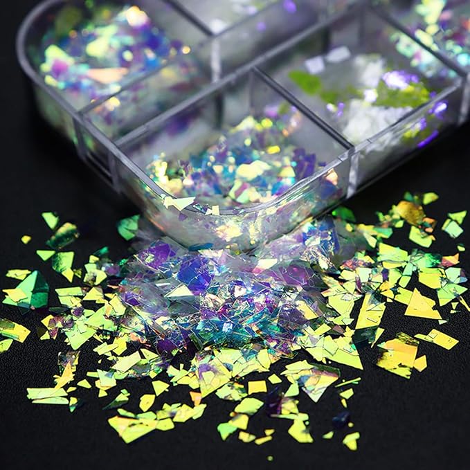 Holographic Iridescent Glitter Nail Art Sequins, 3D Irregular Ultra Thin Nail Art Sparkly Flake Designs, Shiny Mermaid Nail Glitter Confetti Acrylic Supplies for Women Girls Manicure Tips Decorations