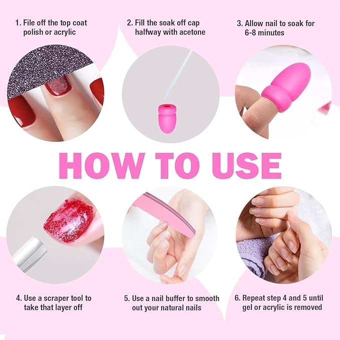 Nail Polish Remover Soak Bowl [2 PCS], Gel Polish Remover Refill Kits for Nails Including 10 PCS Soak Off Caps, Nail Buffer Block, Nail File, Cuticle Pusher, Pipette