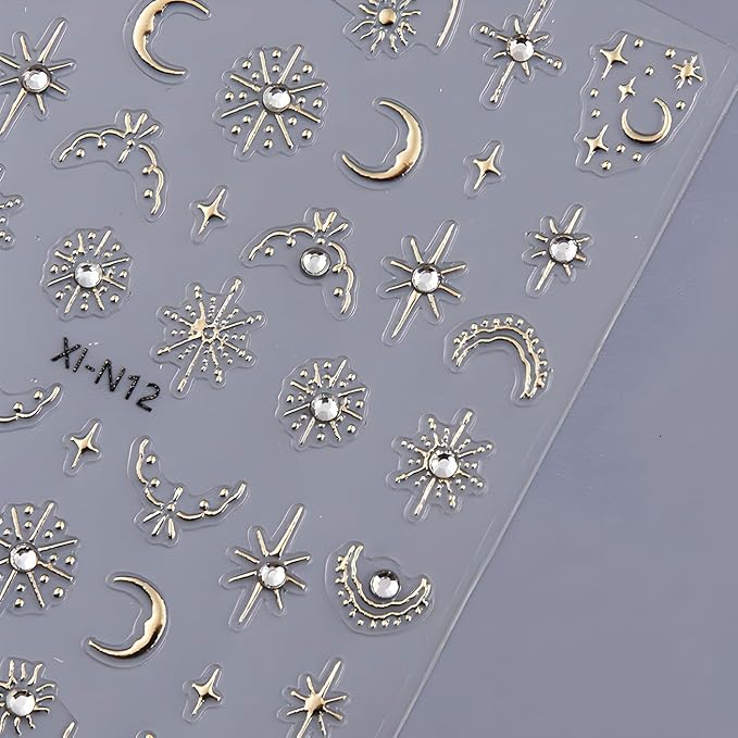 Gold Star Nail Art Stickers Decals Moon Nail Decals 5D Embossed Glitter Rhinestones Nails Design Stickers Gold Nails Supplies for Women Nail Art Decorations