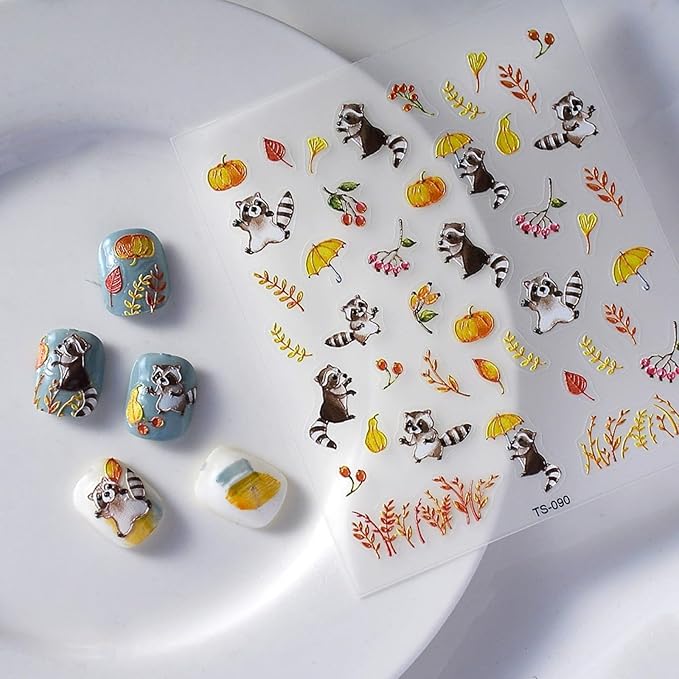 Fall Nail Art Stickers Decals Autumn Nail Decals 5D Embossed Raccoon Nails Stickers Maple Leaf Pumpkin Nail Art Supplies Fallen Leaves Animal Nail Decals for Women Thanksgiving Day Manicure Decoration