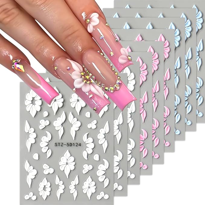 Flower Nail Stickers,9 Sheets 5D Embossed Floral Self-Adhesive Nail Decals,Pink White Blue Elegant Lace Flowers Petals Nail Art Design for Spring Summer Manicure Decor DIY Nail Supplies