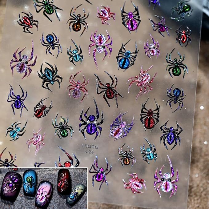 5D Spider Halloween Nail Stickers for Nail Art 3D Glitter Spider Web Nail Decals 1 Sheets Colorful Relief Spider Nail Art Designs Festive Embossed Adhesive Sliders Decal DIY Manicure Decor for Women