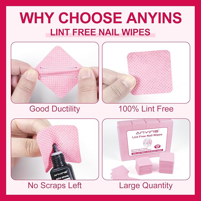 Lint Free Nail Wipes, 1200PCS Pink Lint Free Wipes Non-woven Fabric Gel Polish Remover Super Absorbent Soft Nail Polish Remover for Nail Salon, Home DIY