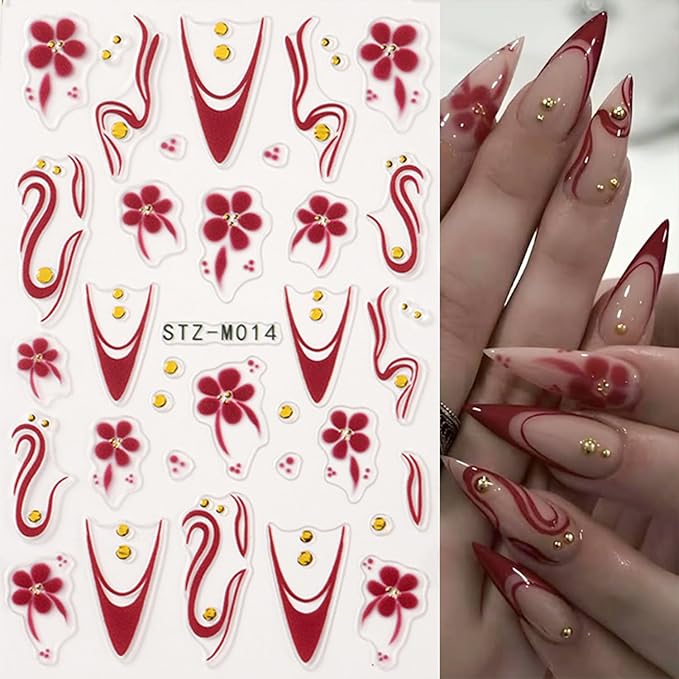 Leopard Print Nail Art Stickers Decals French Tip Nails Stickers 5D Embossed Flower Nails Decal Self-Adhesive Nail Art Decal for Women Manicure Decor