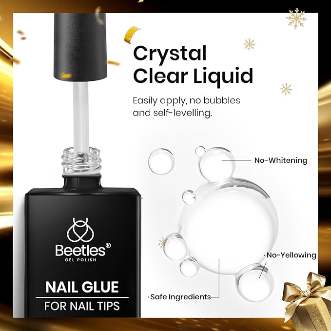 Beetles 9 in 1 Gel Nail Glue for Acrylic Nails Tips, 2 Pcs 10ml Super Strong Nail Glue for Clear False Nails Tips Base Coat Rhinestones Blooming Art Christmas Nails Long Lasting U V Light Cure