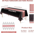 16Pack Disposable Plastic Tablecloths and Satin Table Runner Set Black and Rose - Image 2