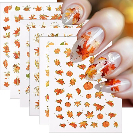 6 Sheets Gold Fall Nail Stickers Autumn Maple Leaf Nail Decals Cute Pumpkin Fox Ginkgo Fallen Leaves Nails Designs 3D Self-Adhesive Thanksgiving Nails Art Supplies for Women DIY Manicure Decorations