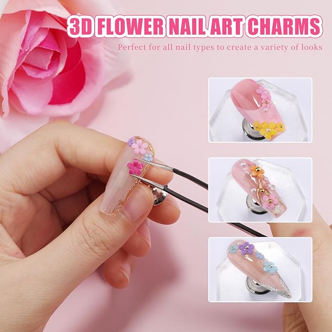 3D Colorful Flower Nail Charms with Gold Silver Metal Caviar Beads Cherry Blossom Petal Spring Nail Art Charms Acrylic Floral Studs for Women DIY Manicure Crafts (1-S1-Solid)