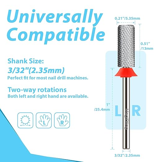 Professional Small Barrel Nail Drill Bits Flat Top, 3/32'' Safety Tungsten Carbide Bits, Two-Way Rotation, Soft and Hard Gel Removal Polishing, Tech and Beginner Bits, Fine.
