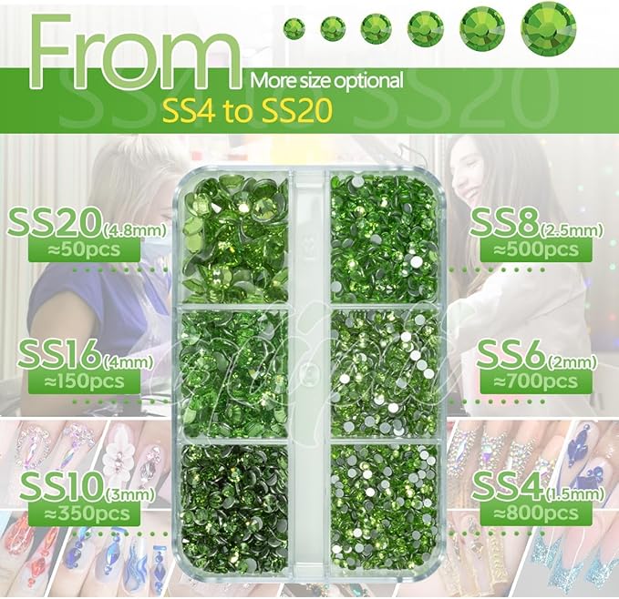 2550pcs Light Green Nail Art Flatback Rhinestones for Face Makeup & DIY Crafts - Grass Green Nail Gems & Gemstones K9 Glass SS4SS20 6 Sizes Diamonds Stones Crystals w Tweezer & Picking Pen