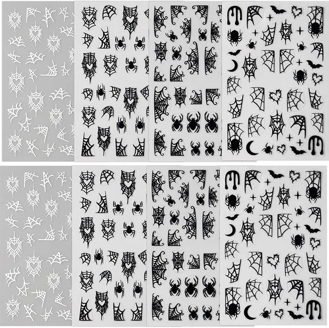 Spider Nail Art Stickers Black and White Spider Spider Web Nail Decals 3D Self-Adhesive Halloween Nail Sticker Spider Design Halloween Nail Art Decoration Holiday Nail Charms for Women 8 Sheets