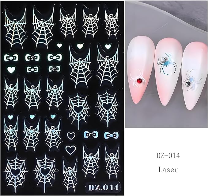 Halloween Nail Art Stickers Decals 4PCS Laser Silver Spider Web Spider Nail Decals with Rhinestone Spider Web Bow Heart Spider Nail Art Supplies Cute Nail Stickers for Women Halloween Manicure Decor