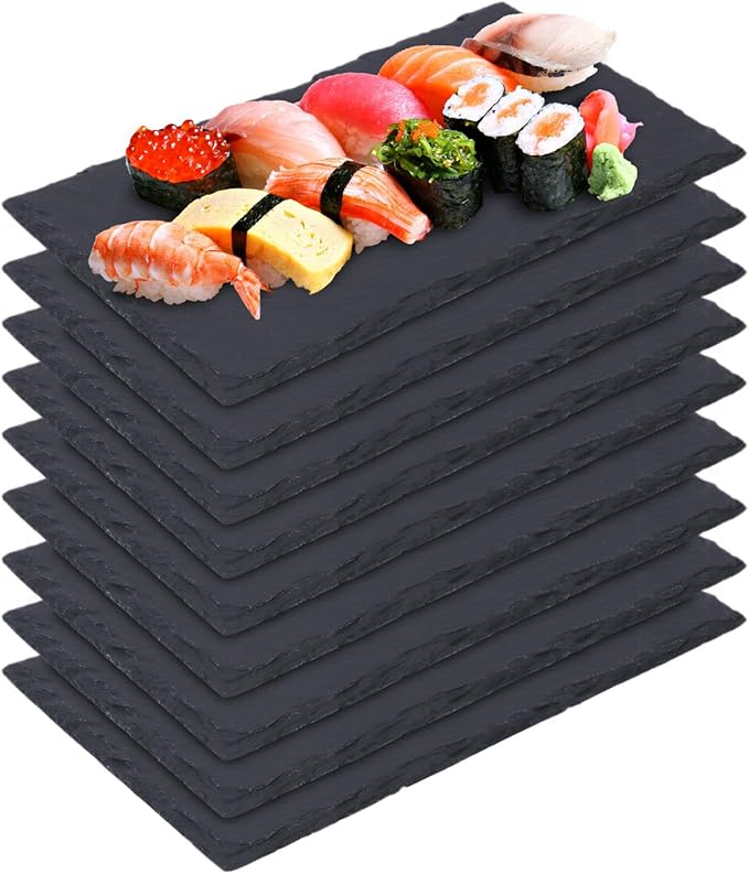 9 Pack 10 x 6 Inch Slate Cheese Boards, Black Rectangle Slate Charcuterie Boards, Natural Charcuterie Stone Plates for Parties, Gifts, and Special Events, Cheese, Sushi, Food.