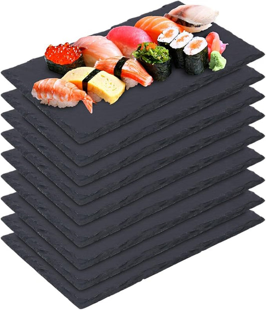 9 Pack 10 x 6 Inch Slate Cheese Boards, Black Rectangle Slate Charcuterie Boards, Natural Charcuterie Stone Plates for Parties, Gifts, and Special Events, Cheese, Sushi, Food.
